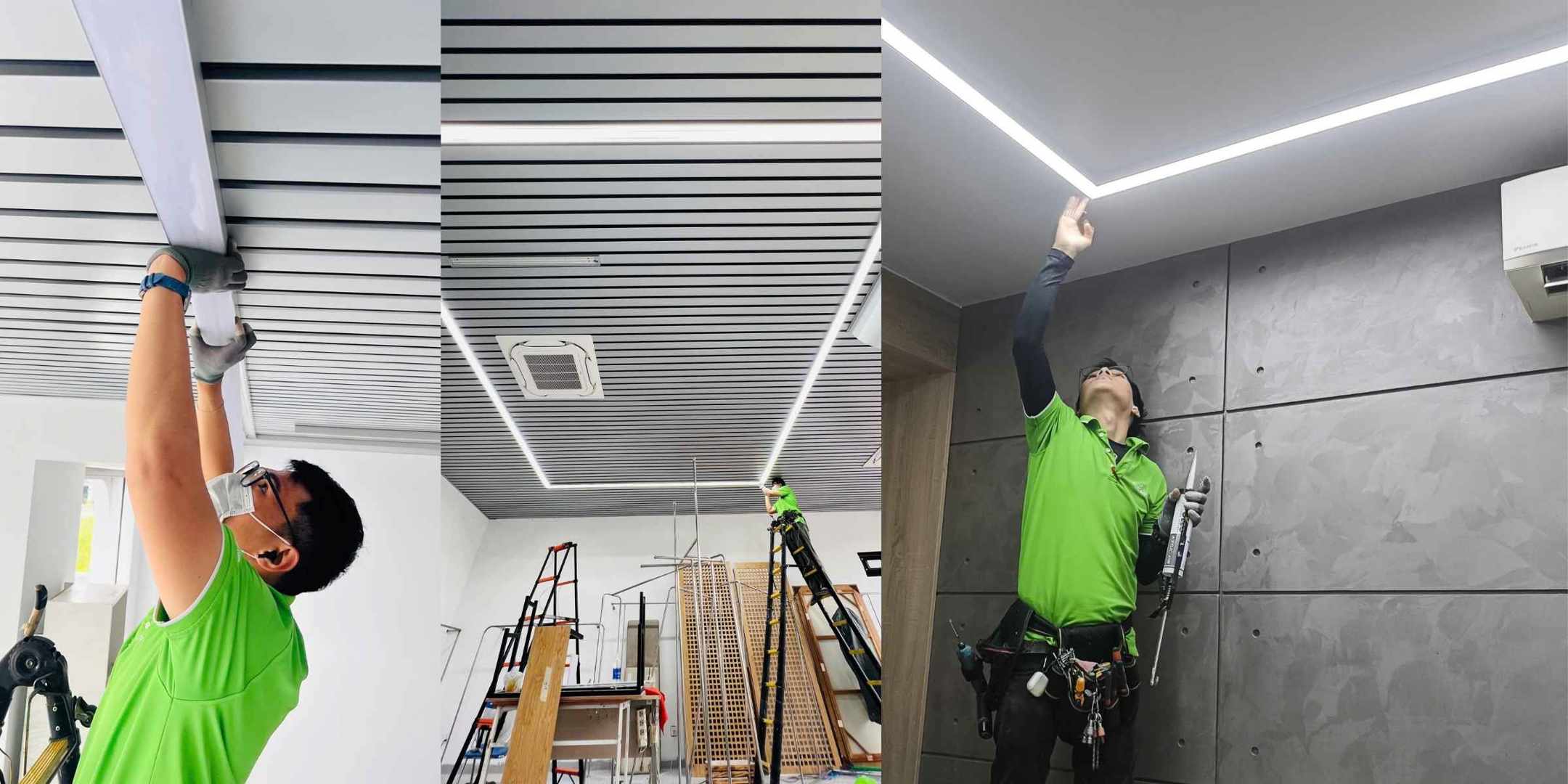 Kỹ thuật viên lắp đặt đèn LED âm trần cho trần nhà văn phòng hiện đại